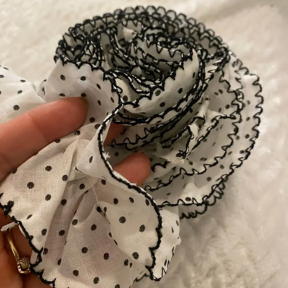 60” VTG Cotton Ruffle Trim Black Polka Dot Scalloped Edge Scrunchie Ribbon Lace